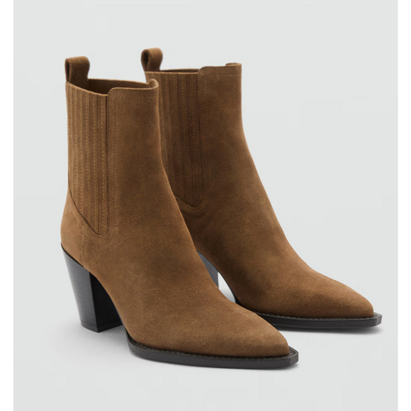 NEW MANGO MNG TOBACCO BROWN WESTY SUEDE BLOCK HEEL ANKLE BOOTS BOOTIE 37 US 6.5 - Picture 5 of 8